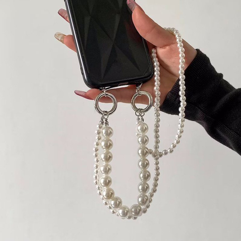 RW Unique Phone Case Shoulder Strap Lanyard For Phone Anti Drop Retractable CrossBody Round Beaded Pearls Cell Phone Chain Strap
