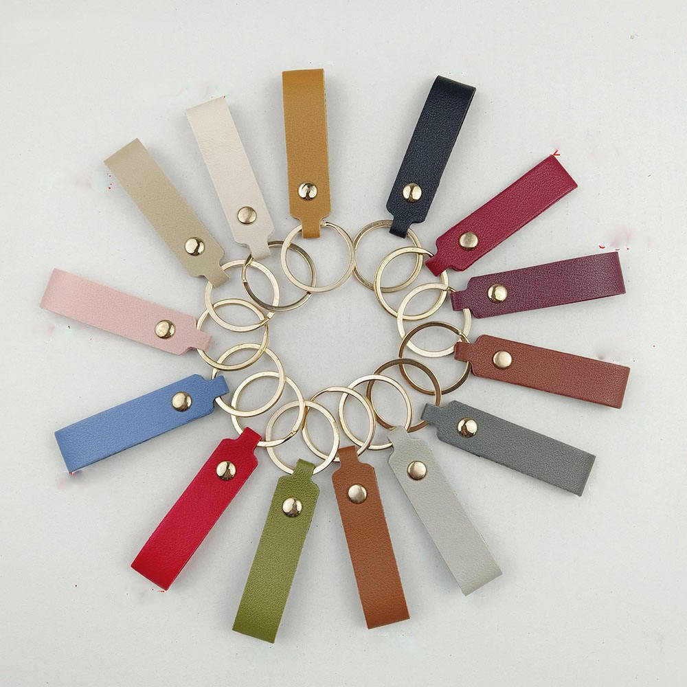 Personalized PU Leather Keychain Kit with Short Nylon Lanyard Strap Key Rings Rivets for DIY Craft Laser Engraving