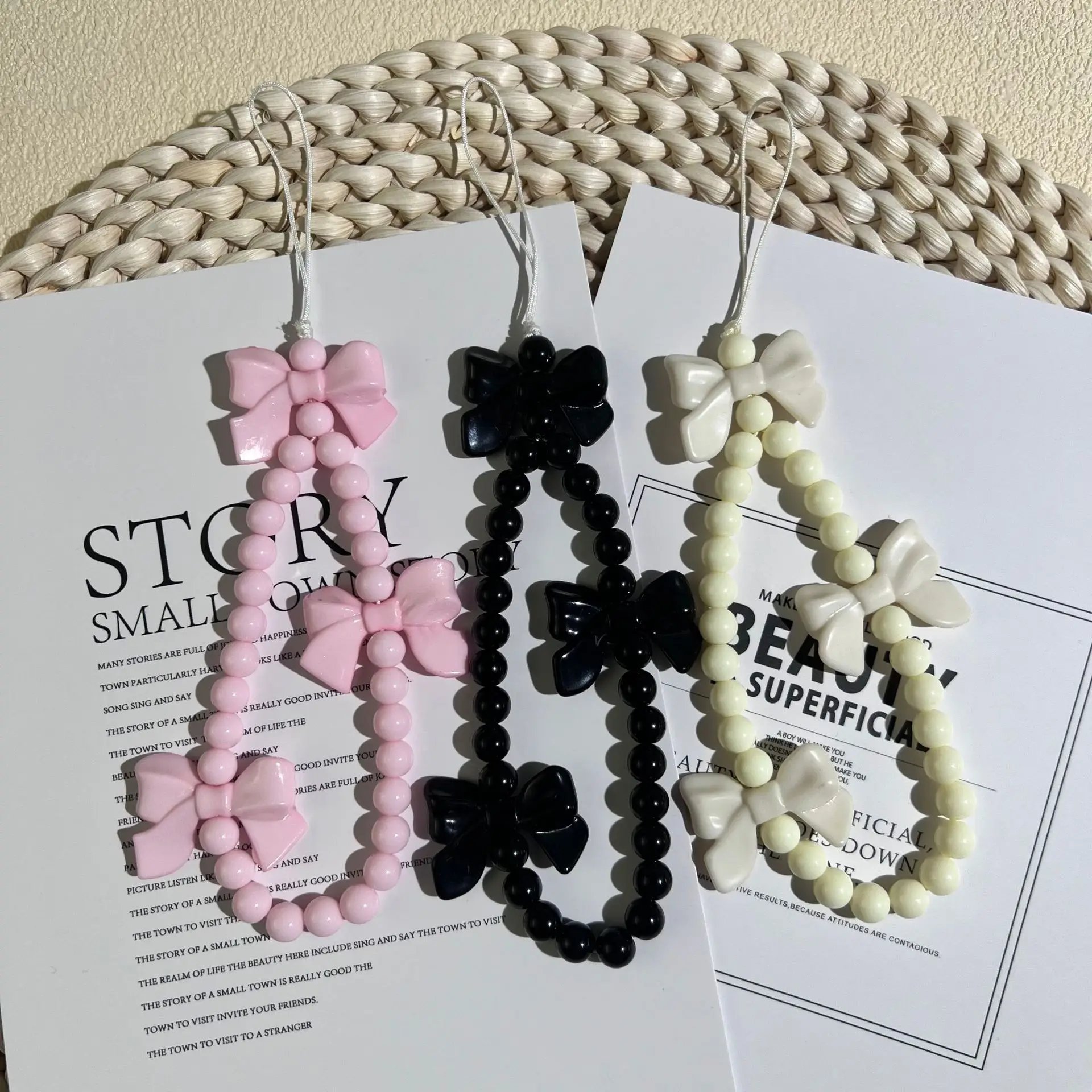 1pc Charm Bowknot Mobile Phone Chains For Women Girls Telephone Charm Strap Acrylic Pearl Beaded Lanyard Jewelry Gift