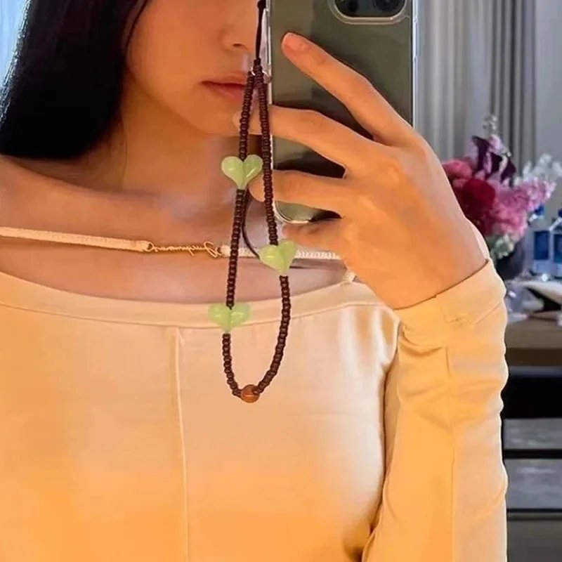 Charm Multicolor Resin Heart Bowknot Mobile Phone Chains for Women Girls Telephone Jewelry Strap Beaded Lanyard Hanging Cord
