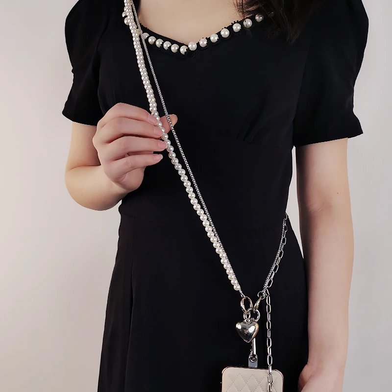 Crossbody Hanging Chain Pearl Pendant Love Phone Case Universal Strap Chain Bag Shoulder Strap Metal Strap Mobile Phone Lanyard