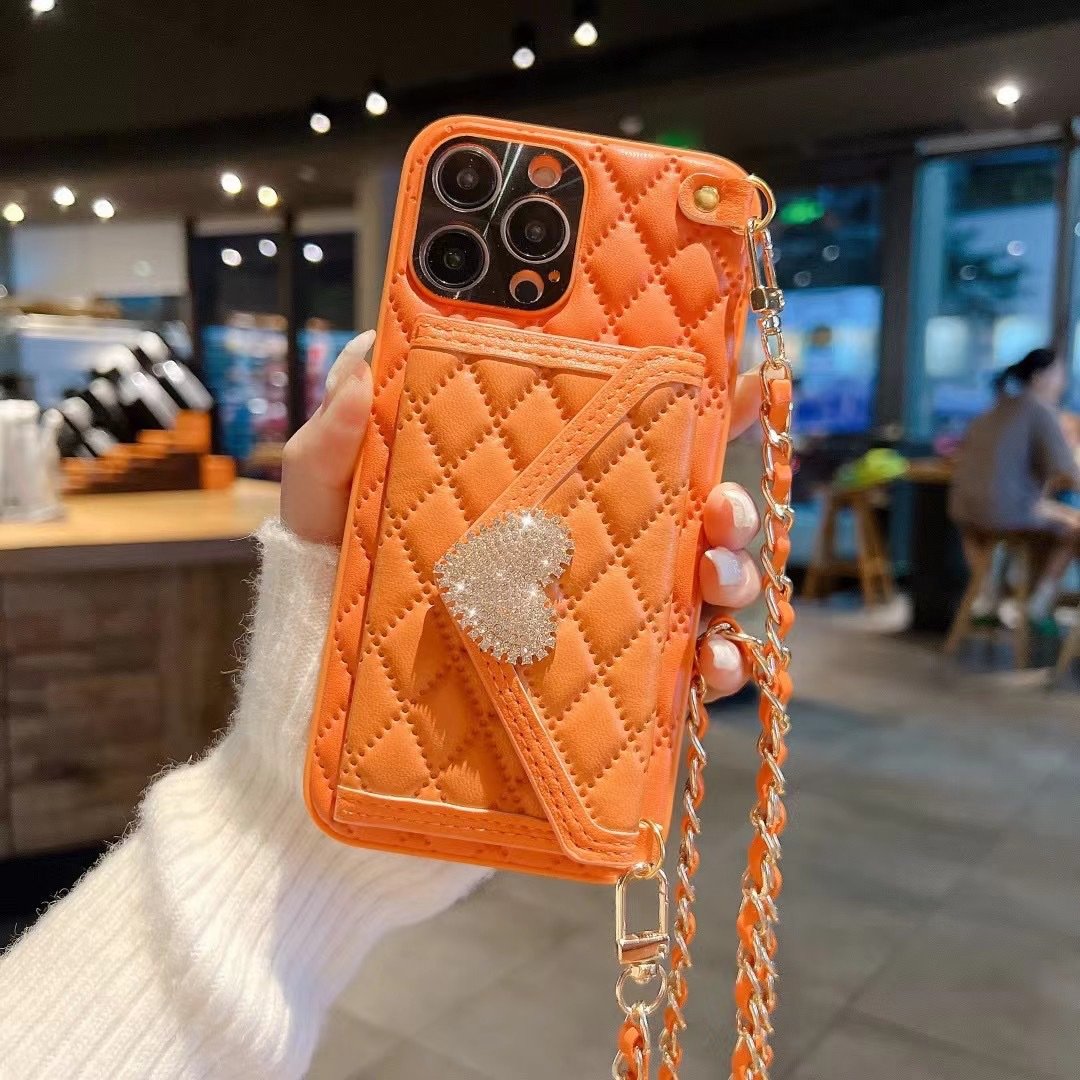 Women Love Diamond Crossbody Leather Card Holder Mobile Phone Case For iPhone 15 Pro Max Wallet Case For iPhone 15 Strap Case