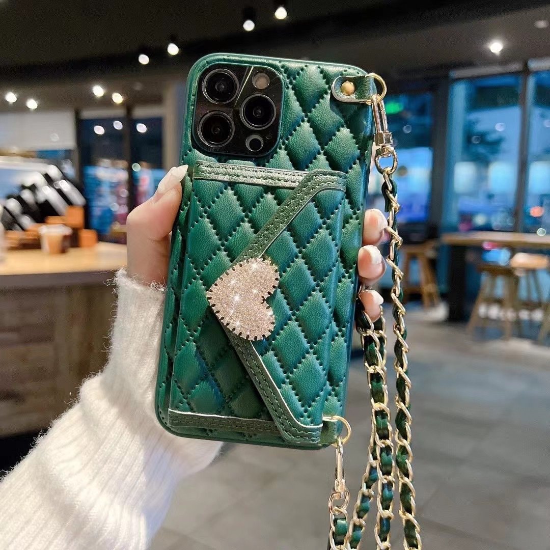 Women Love Diamond Crossbody Leather Card Holder Mobile Phone Case For iPhone 15 Pro Max Wallet Case For iPhone 15 Strap Case