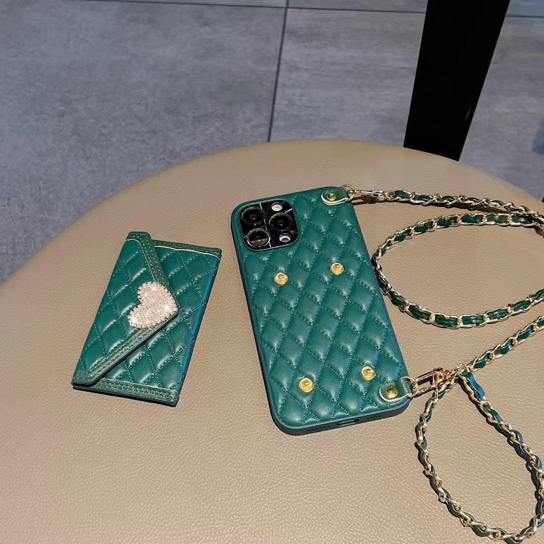 Women Love Diamond Crossbody Leather Card Holder Mobile Phone Case For iPhone 15 Pro Max Wallet Case For iPhone 15 Strap Case