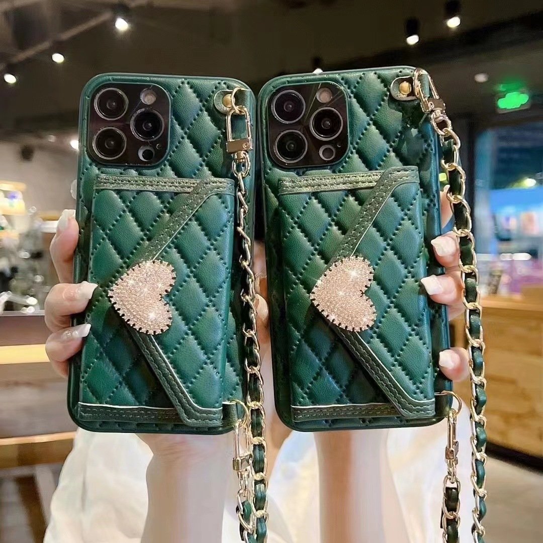 Women Love Diamond Crossbody Leather Card Holder Mobile Phone Case For iPhone 15 Pro Max Wallet Case For iPhone 15 Strap Case