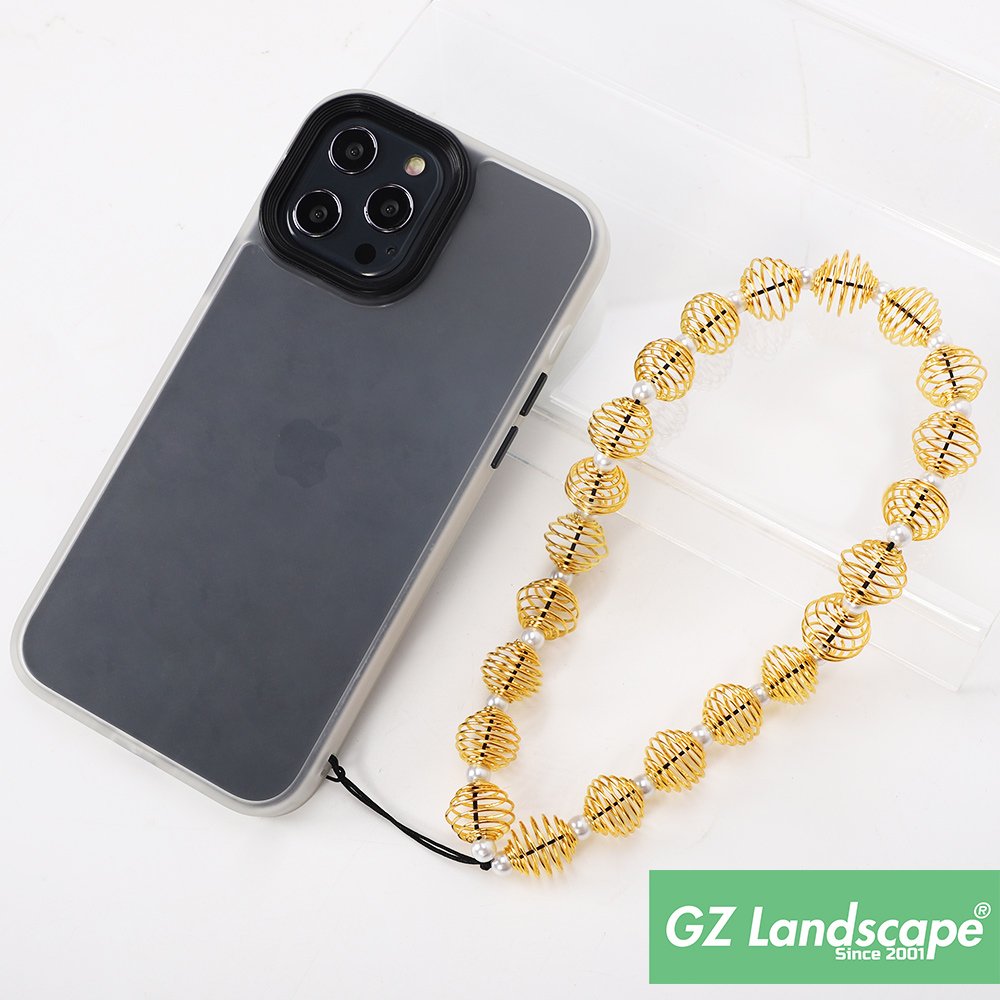 Custom gold phone charm accessory funny elastic coil hollow lantern bead strap pearl phone chain