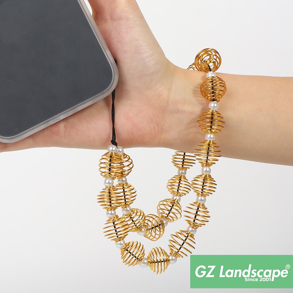Custom gold phone charm accessory funny elastic coil hollow lantern bead strap pearl phone chain