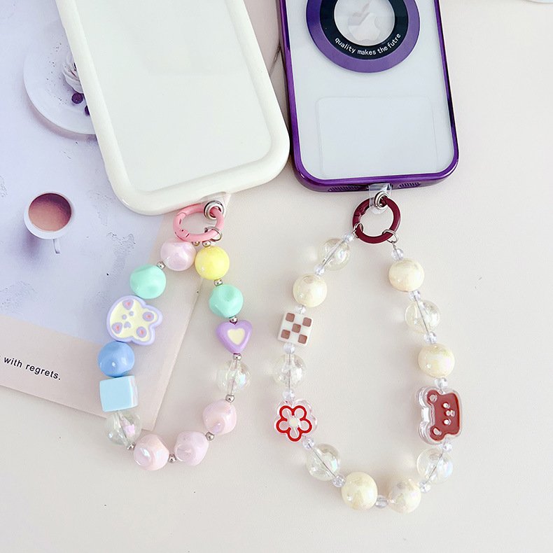 Fashion Acrylic Burst Bead Chain mobile phone case lanyard Keyring Detachable Gradient Bowknot Pendant Colorful Bag Chain Strap