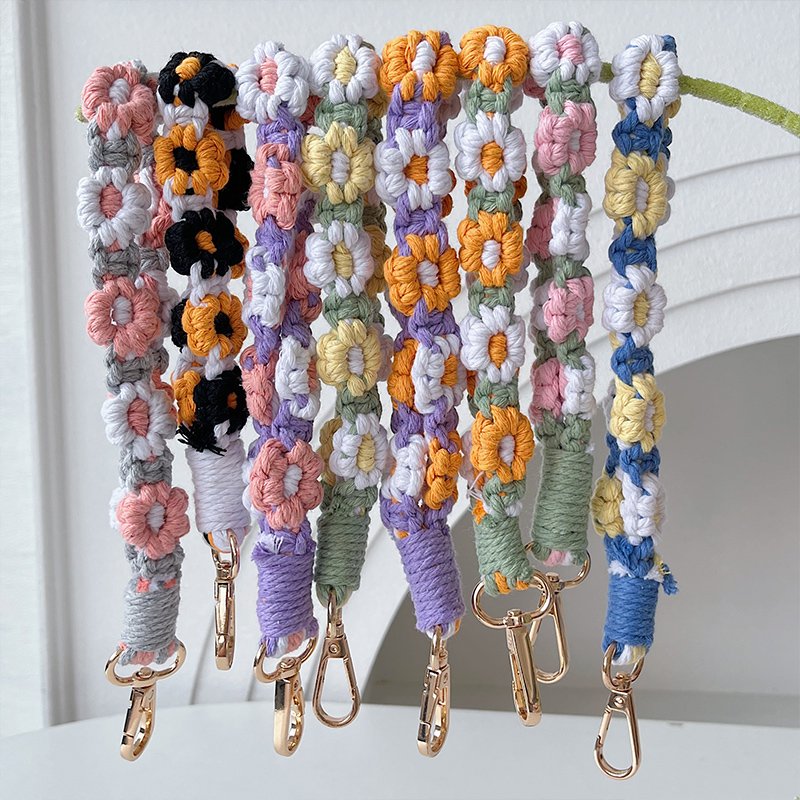 Custom Bohemian Style Hand Woven Daisy Nylon Phone Strap Lanyard Short Anti-Lost Mobile Phone Necklace