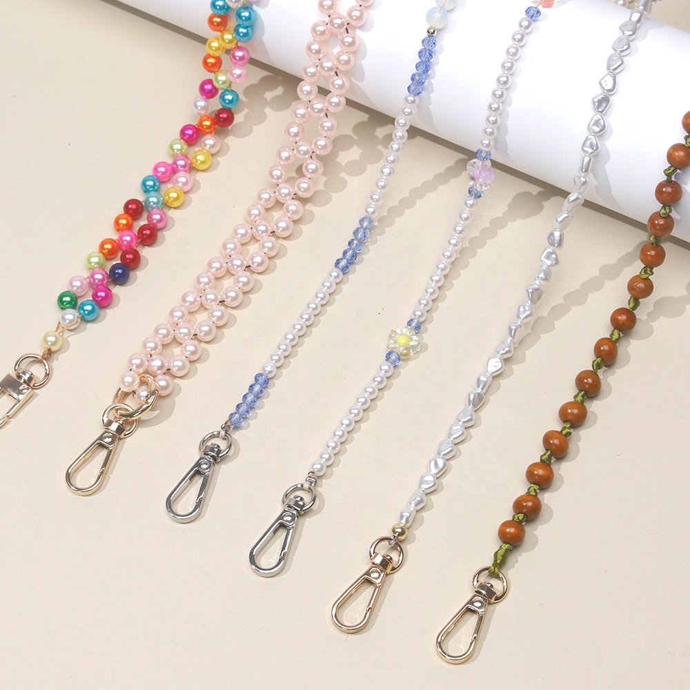 Colored Korea Elastic Phone Rope Universal Cross Body Letter Accessories Long Necklace Baroque Pearl Smart Cell Phone Strap