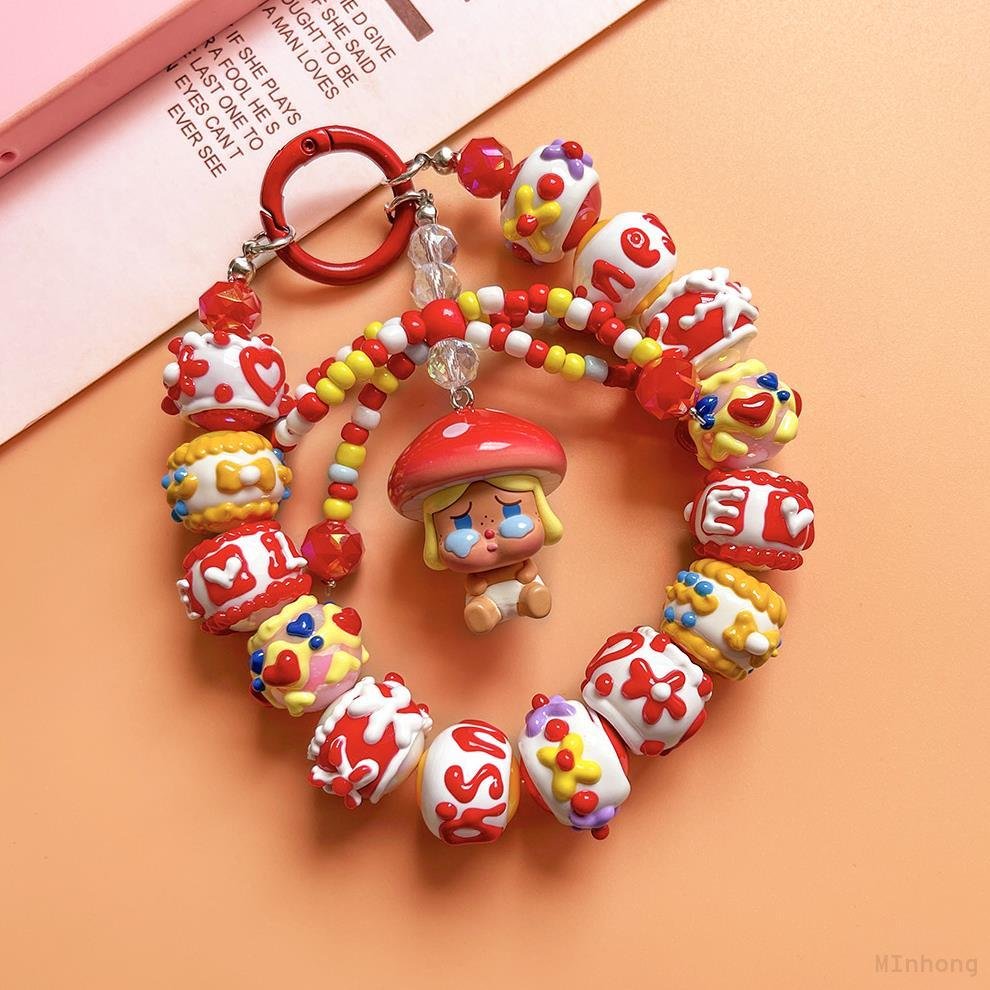 Ture Pop Mart Made Mushroom Elf Series Mobile Phone Charm Hand Painted Beads String Doll Pendant Girls Gift