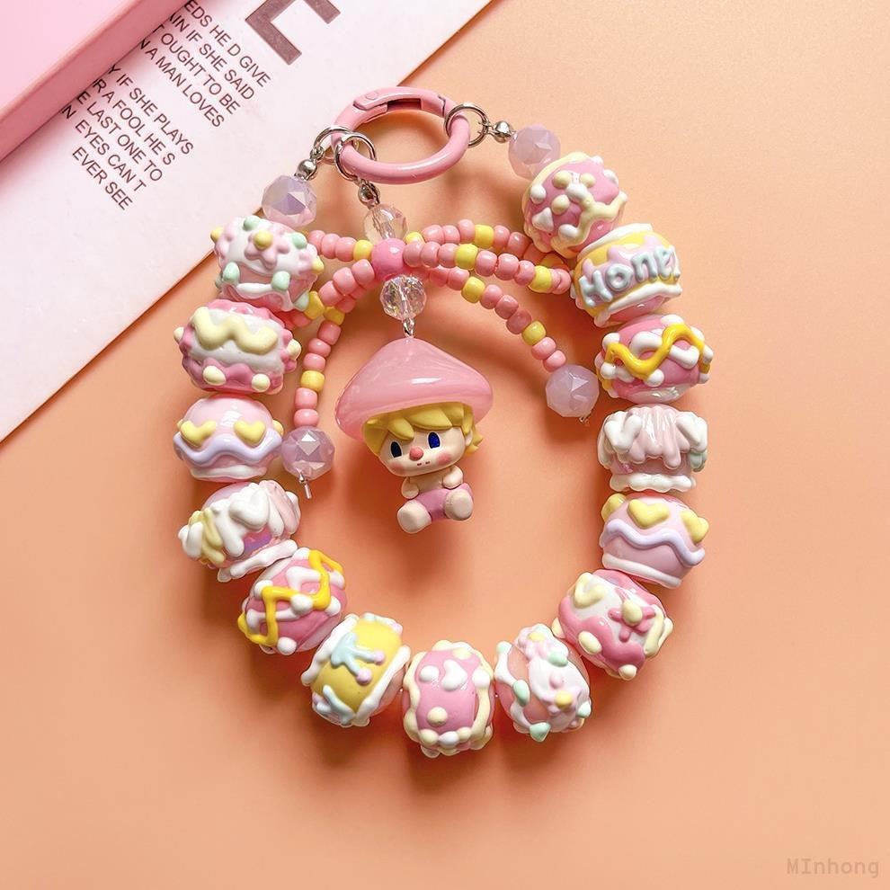 Ture Pop Mart Made Mushroom Elf Series Mobile Phone Charm Hand Painted Beads String Doll Pendant Girls Gift