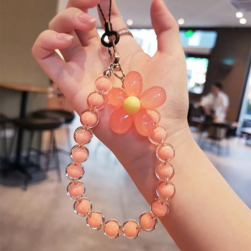 Macaron Color Handmade Colorful Crystal Bead Flower Bracelet Mobile Phone Strap Lanyard Keychain Car Charm Keyring