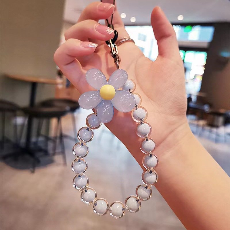 INS Handmade Colorful Crystal Bead Mobile Phone Chain For Women Wrist Strap Keychain Cute Flower Mobile Phone Strap Lanyard