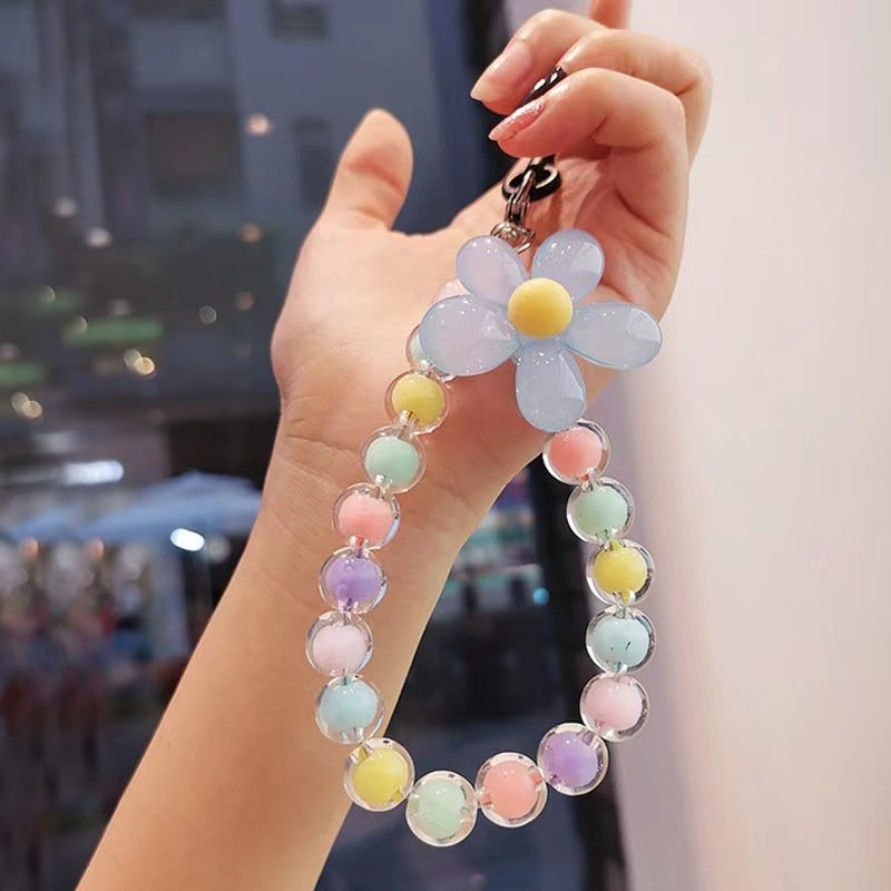 INS Handmade Colorful Crystal Bead Mobile Phone Chain For Women Wrist Strap Keychain Cute Flower Mobile Phone Strap Lanyard