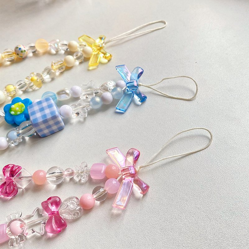 Newest Designer Beaded Chain Flower Bow Mobile Phone Lanyard Beauty Accessories Anti-lost Cellphone Case Wrist Strap