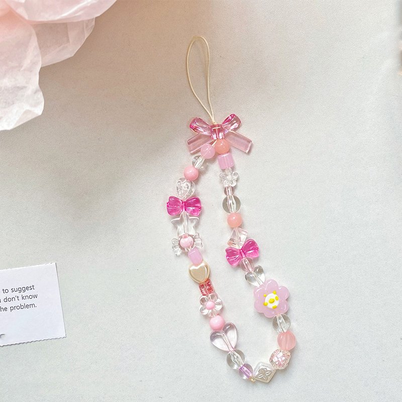 Newest Designer Beaded Chain Flower Bow Mobile Phone Lanyard Beauty Accessories Anti-lost Cellphone Case Wrist Strap