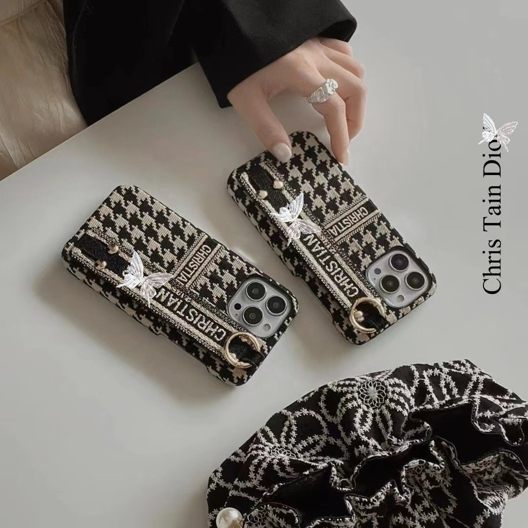 D&R Embroidered houndstooth Luxury phone Case Wrist Strap Designer Cell Phone Case for iPhone 13 14 15 Pro Max