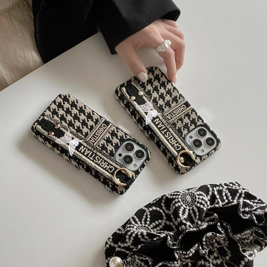 D&R Embroidered houndstooth Luxury phone Case Wrist Strap Designer Cell Phone Case for iPhone 13 14 15 Pro Max