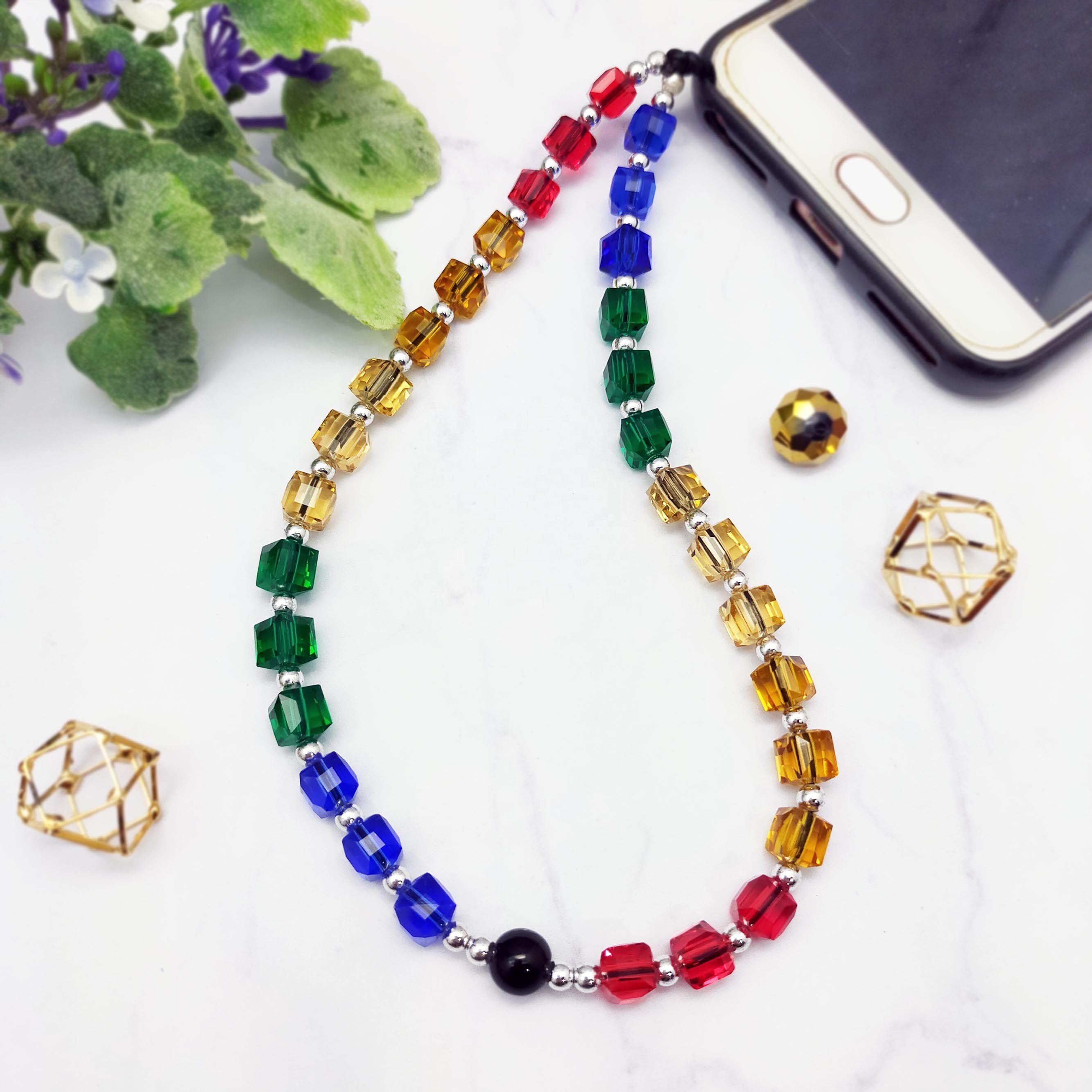 Fashion Jewelry dyed square transparent glass beads mobile phone chains girls phone strap phone charms