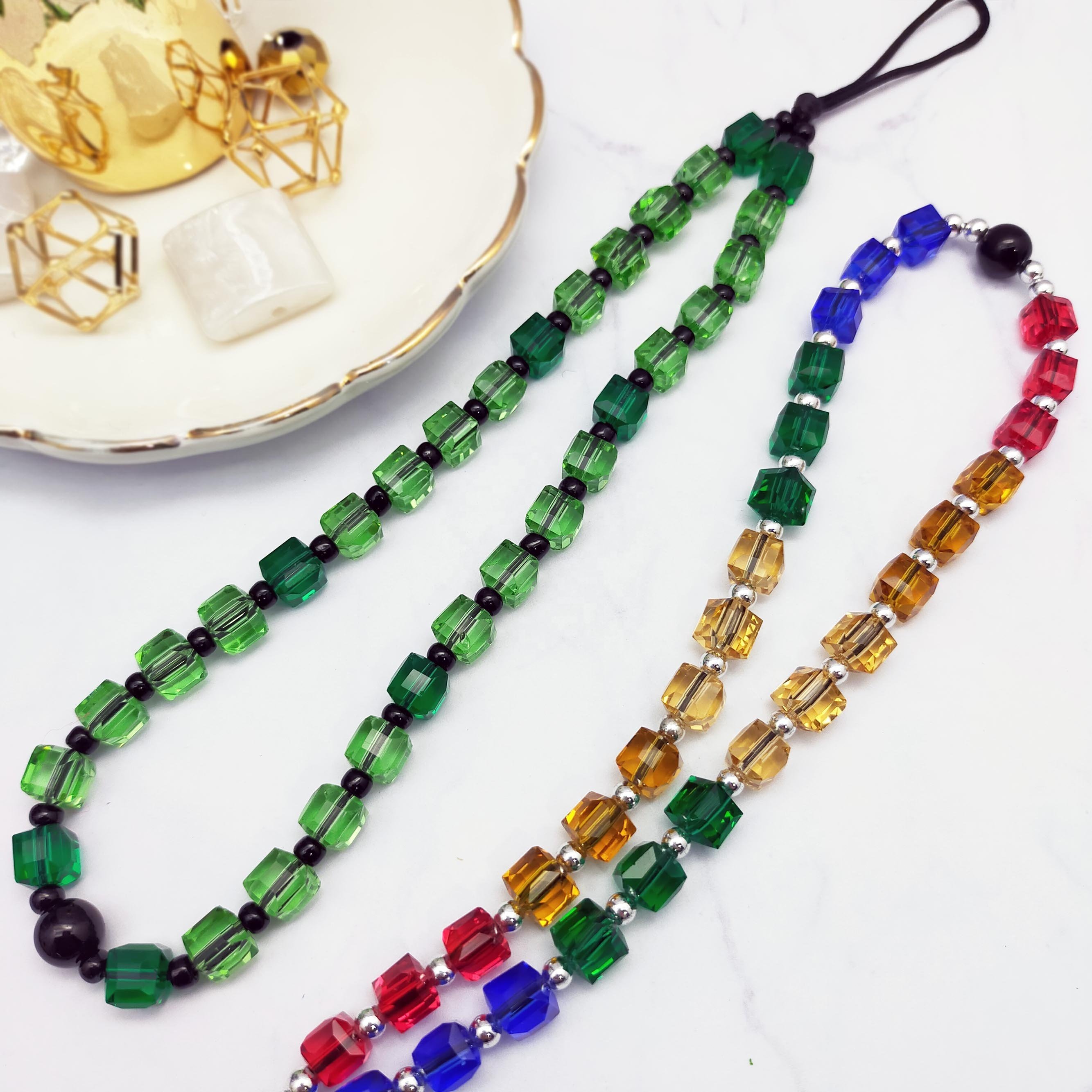 Fashion Jewelry dyed square transparent glass beads mobile phone chains girls phone strap phone charms