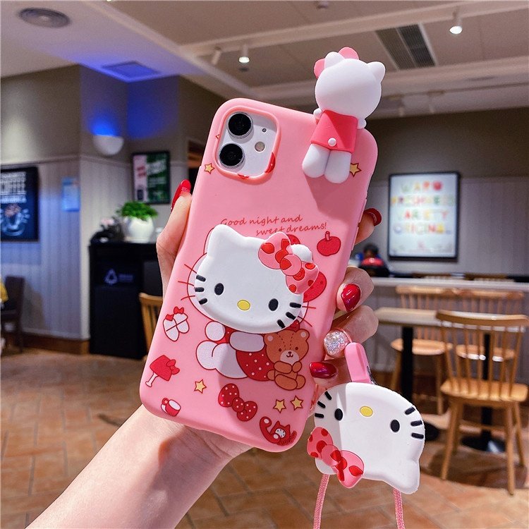 Cartoon Kitty Cat Silicone Mobile Phone Case stand For iPhone 16 15 14 13 12 11 Pro max Sling Kulomi Shockproof Back tpu cover