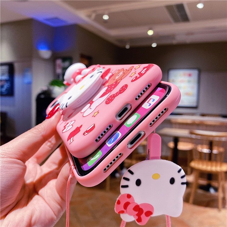Cartoon Kitty Cat Silicone Mobile Phone Case stand For iPhone 16 15 14 13 12 11 Pro max Sling Kulomi Shockproof Back tpu cover