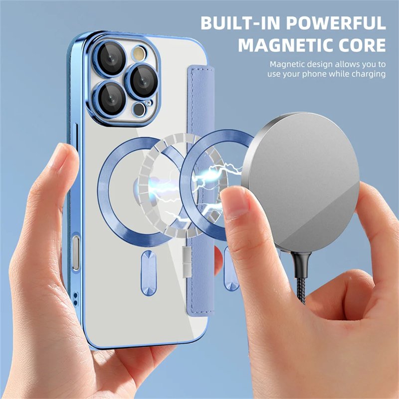 For iPhone 16 Pro Max Case Electroplated Transparent Flip Leather Wallet Magnetic 15 Plus 14 13 12 Plating Card Slot Bag Cover