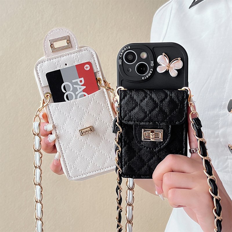 Luxury Card Slot Holder Wallet Crossbody Phone Case For iphones 15 pro max 14 Plus 16 Pro Max With Lanyard Neck Cord Chain