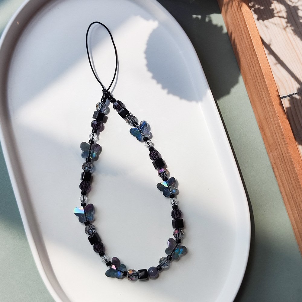 Korean Black Crystal Butterfly Beaded Phone Case Charms Phone Wrist Hand Strap Bead Lanyard Chain Rope cord keychain Accessories