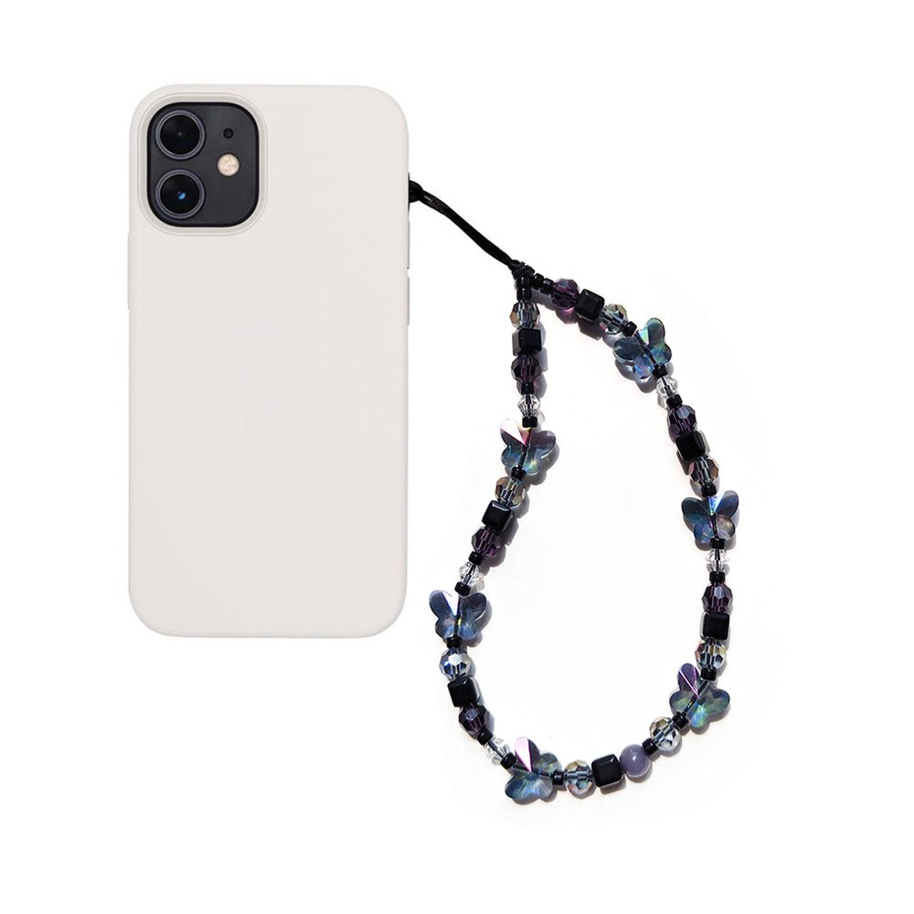 Korean Black Crystal Butterfly Beaded Phone Case Charms Phone Wrist Hand Strap Bead Lanyard Chain Rope cord keychain Accessories
