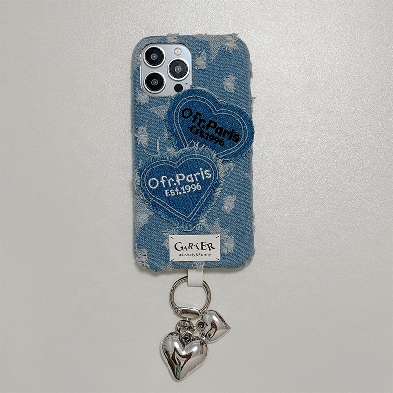 For iPhone 16 pro max 15 14 13 12 Women Distressed Demin Phone Cases Fashion Texture Cellphone Covers with Loveheart Pendant