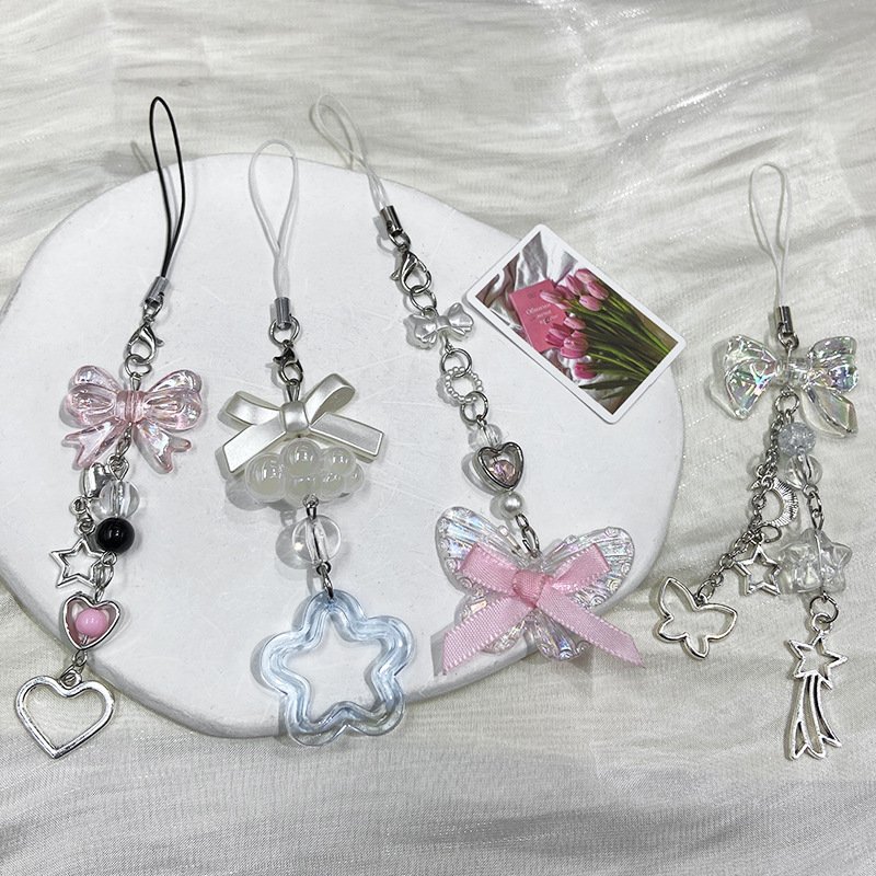 Y2K Mobile Phone Charms Lanyard Pearl Sweet Pendants Wallet Crystal Beaded Butterfly Heart Keychain