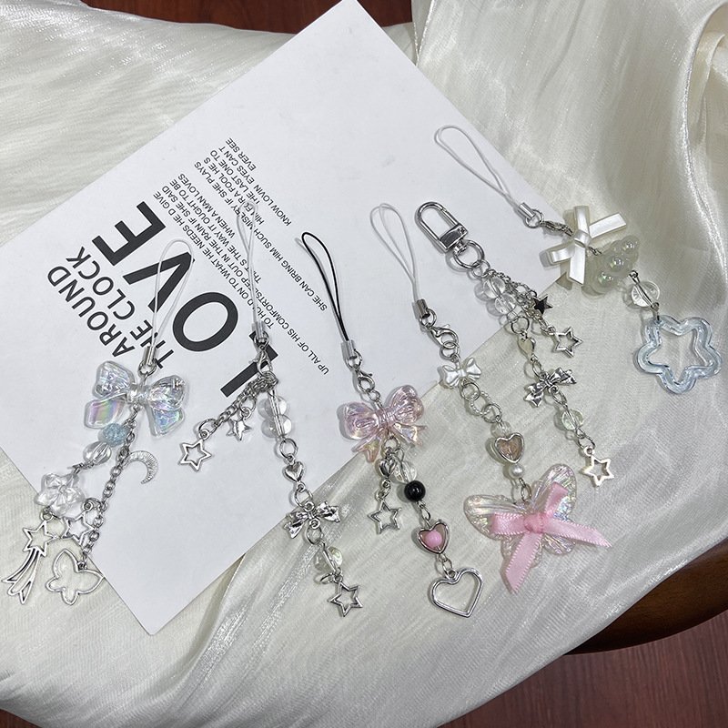 Y2K Mobile Phone Charms Lanyard Pearl Sweet Pendants Wallet Crystal Beaded Butterfly Heart Keychain