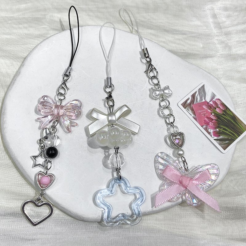 Y2K Mobile Phone Charms Lanyard Pearl Sweet Pendants Wallet Crystal Beaded Butterfly Heart Keychain