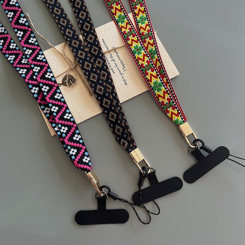 Universal bohemian woven shoulder braided crossbody polyester necklace mobile phone strap lanyard