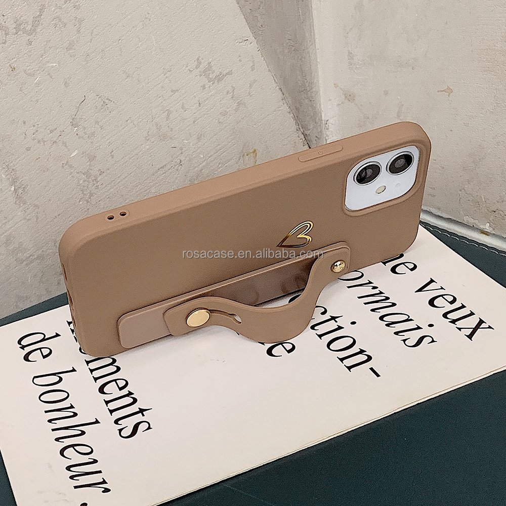 For iPhone 16 Case Golden Plating Love Heart Brown Gray Phone Case For iPhone 15 Pro 16 14 Pro Max Soft TPU Wrist Strap Cover