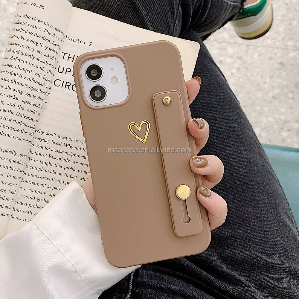 For iPhone 16 Case Golden Plating Love Heart Brown Gray Phone Case For iPhone 15 Pro 16 14 Pro Max Soft TPU Wrist Strap Cover