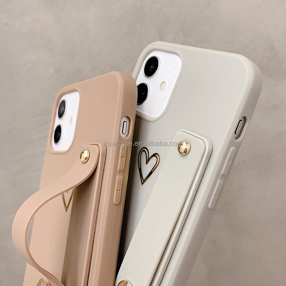 For iPhone 16 Case Golden Plating Love Heart Brown Gray Phone Case For iPhone 15 Pro 16 14 Pro Max Soft TPU Wrist Strap Cover