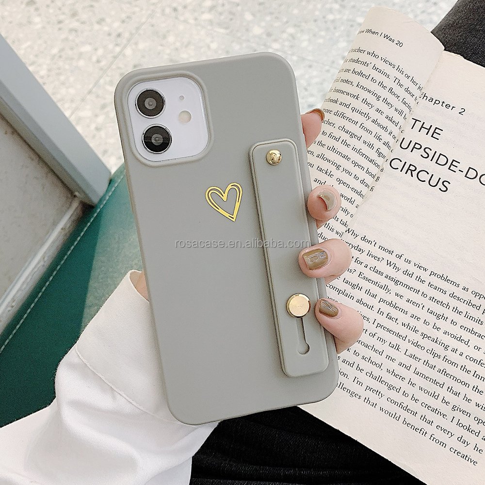 For iPhone 16 Case Golden Plating Love Heart Brown Gray Phone Case For iPhone 15 Pro 16 14 Pro Max Soft TPU Wrist Strap Cover