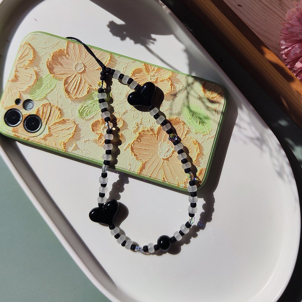 Cute Y2k Glass Black Pink Heart Cellphone Strap Rope Cord Wrist Lanyard Bracelet Chain Phone Case Bag Charms Keychain Girlswomen