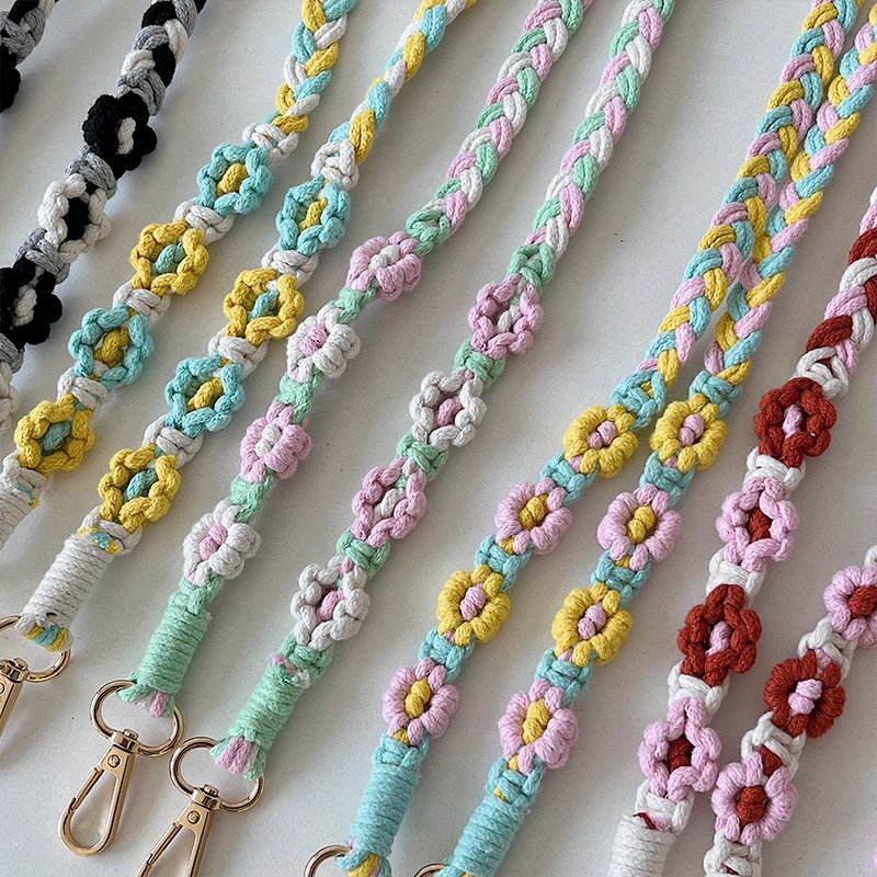 Handmade Macrame Phone Case Lanyard Crochet Daisy Flower Design Crossbody Strap Case Holder for Mobile Cell Phone Accessory
