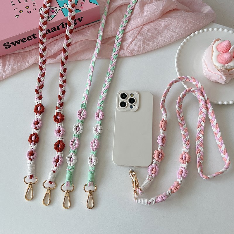 Handmade Macrame Phone Case Lanyard Crochet Daisy Flower Design Crossbody Strap Case Holder for Mobile Cell Phone Accessory