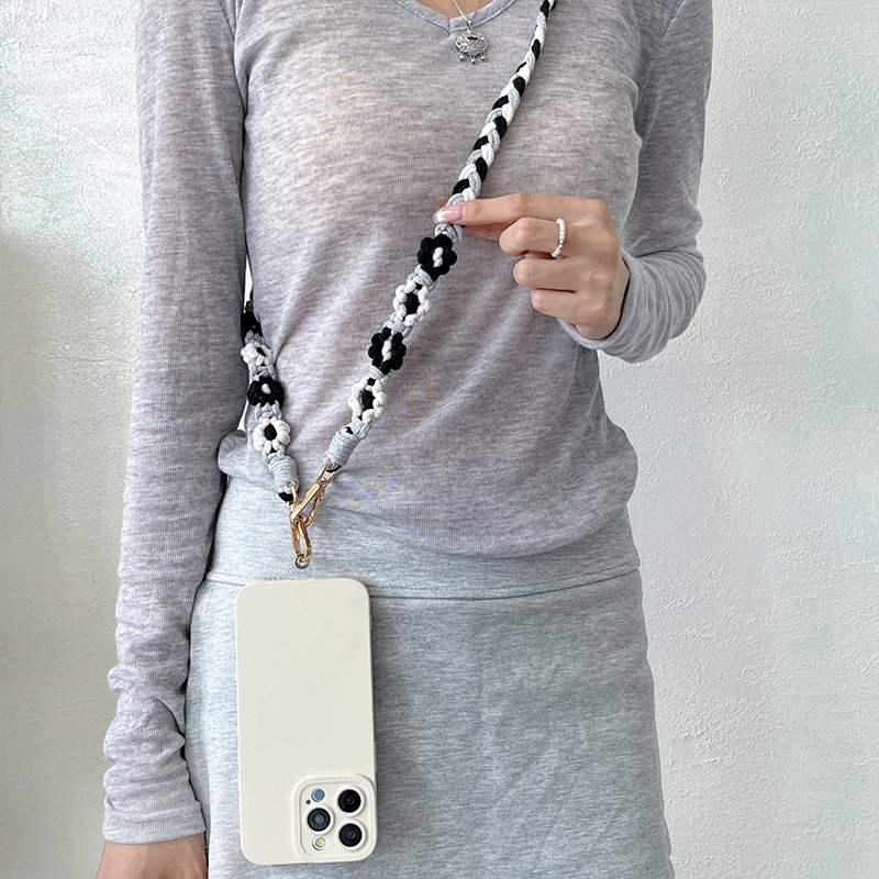 Handmade Macrame Phone Case Lanyard Crochet Daisy Flower Design Crossbody Strap Case Holder for Mobile Cell Phone Accessory