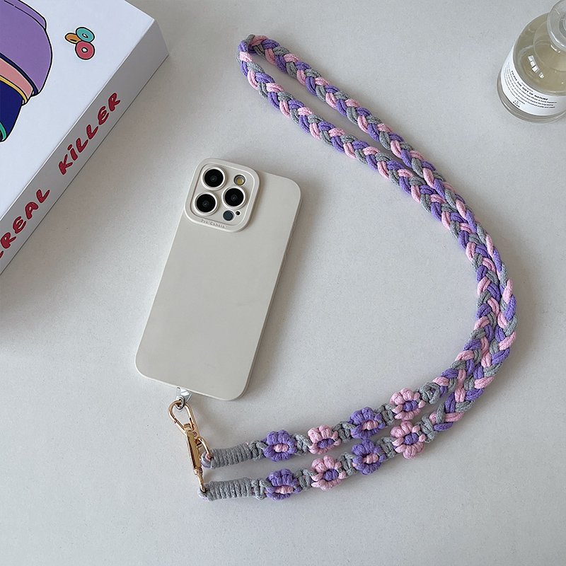Handmade Macrame Phone Case Lanyard Crochet Daisy Flower Design Crossbody Strap Case Holder for Mobile Cell Phone Accessory