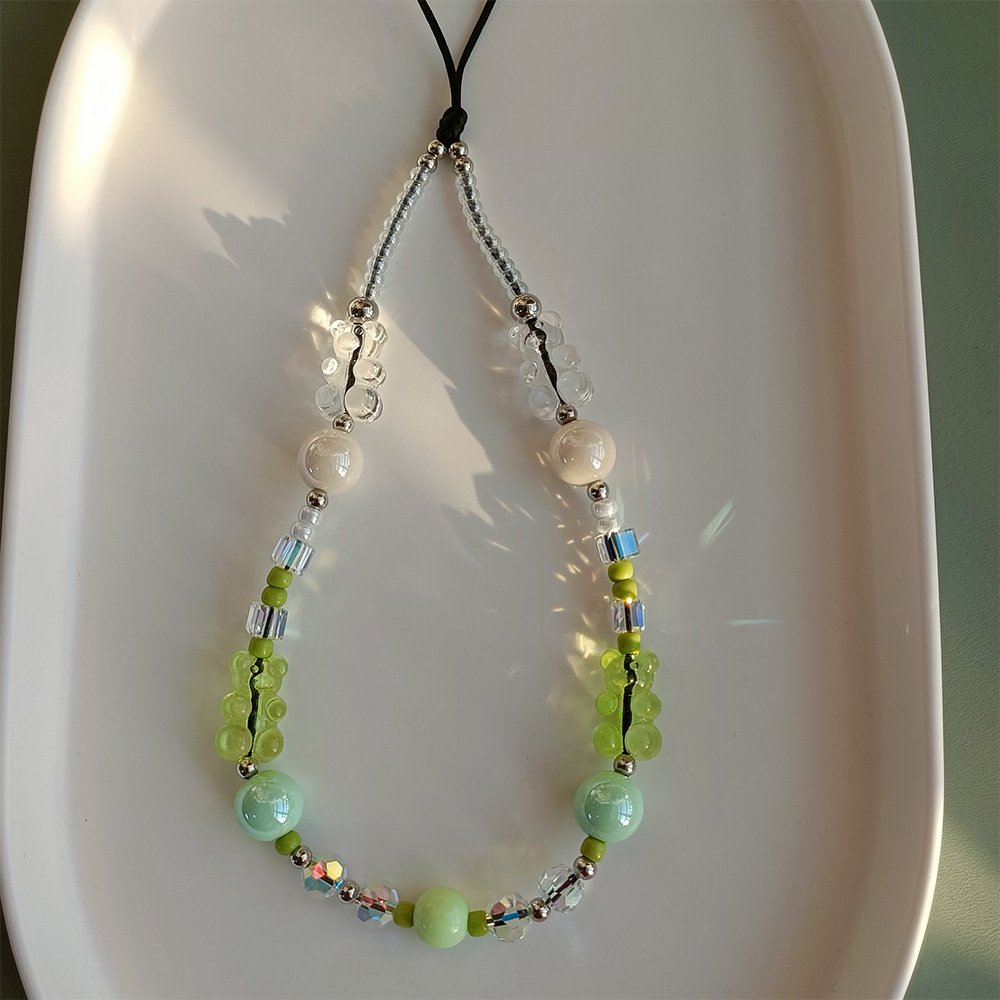 Sumer Crystal Cute Bear Personality Lanyard Phone Chain Mobile Chain Colorful Bead Anti-lost Phone Chain Strap Charm