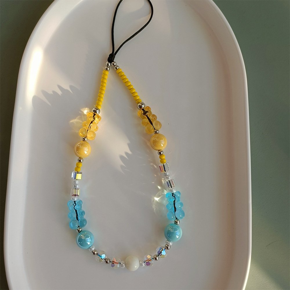 Sumer Crystal Cute Bear Personality Lanyard Phone Chain Mobile Chain Colorful Bead Anti-lost Phone Chain Strap Charm