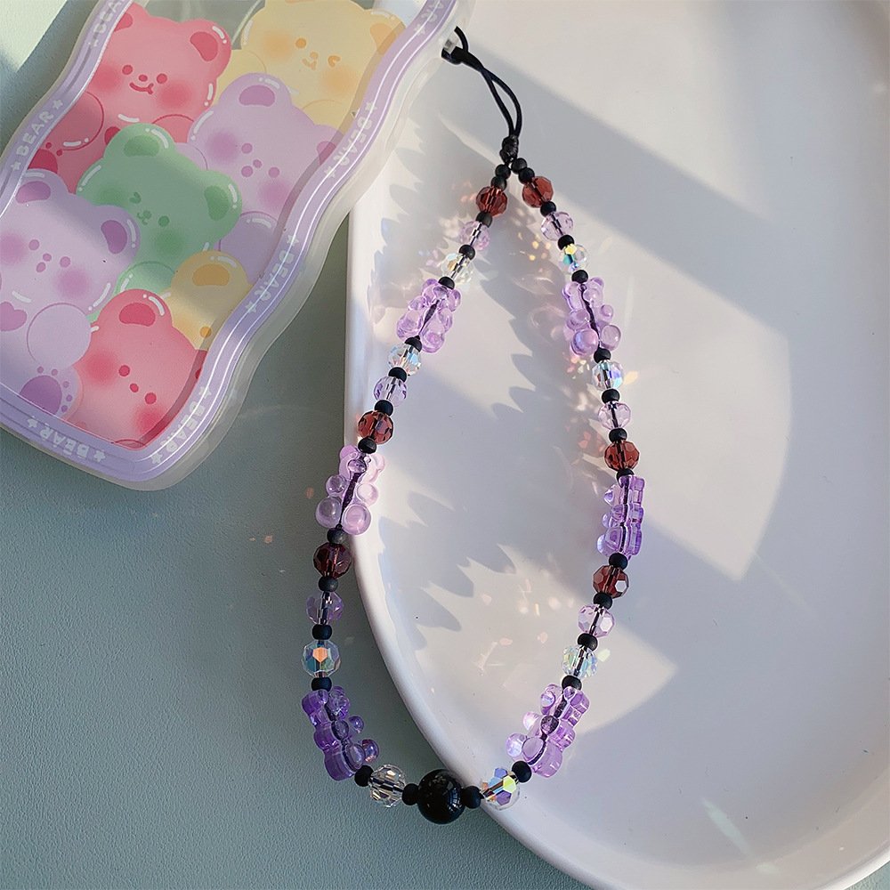 Sumer Crystal Cute Bear Personality Lanyard Phone Chain Mobile Chain Colorful Bead Anti-lost Phone Chain Strap Charm
