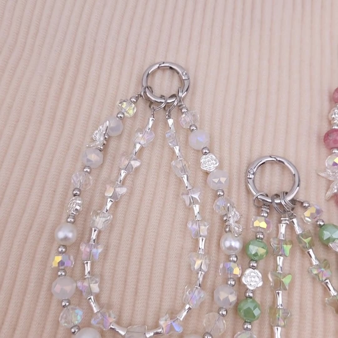 Lilangda Luxury Double Chain Mobile Phone Hanging Rope Crystal Butterfly Decoration Acrylic Bead Chain Keychain