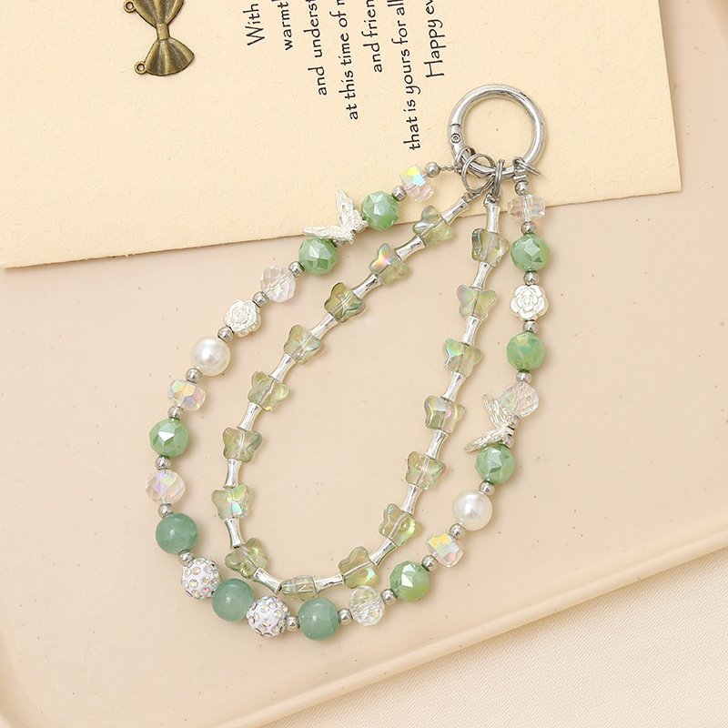 Lilangda Luxury Double Chain Mobile Phone Hanging Rope Crystal Butterfly Decoration Acrylic Bead Chain Keychain